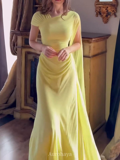 Aurohaya Pleated Asymmetrical Neck Cinched Waist Evening Dress, DES115