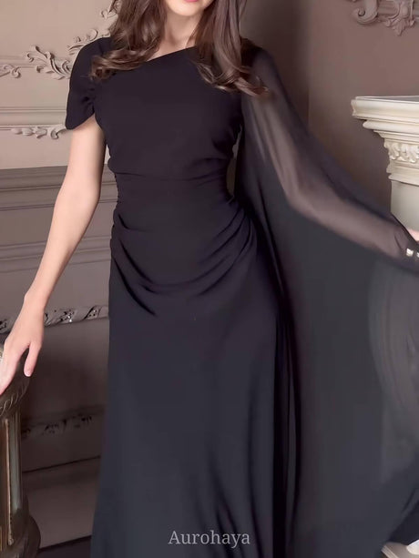 Aurohaya Pleated Asymmetrical Neck Cinched Waist Evening Dress, DES115 Black