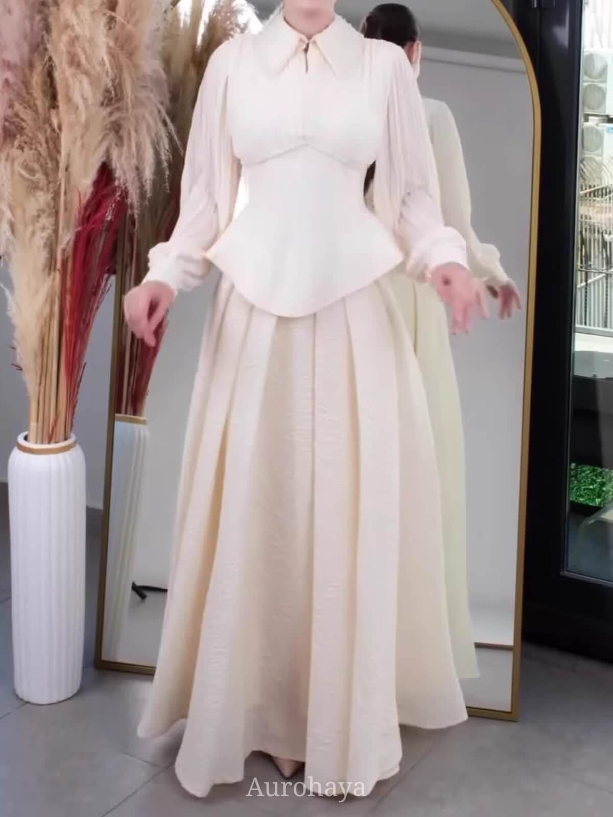 Aurohaya Peplum Waist Pleated Long Sleeve Maxi Dress, DES117 White