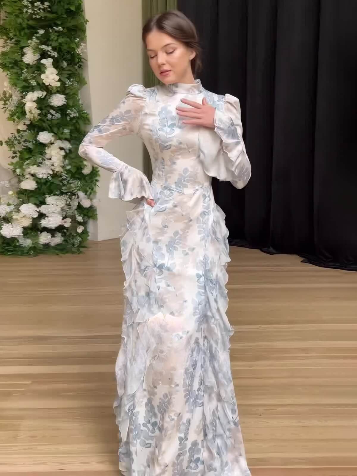 Satin Floral Bodycon Maxi Dress - Aurohaya