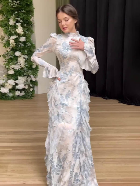 Aurohaya Satin Floral Bodycon Maxi Dress