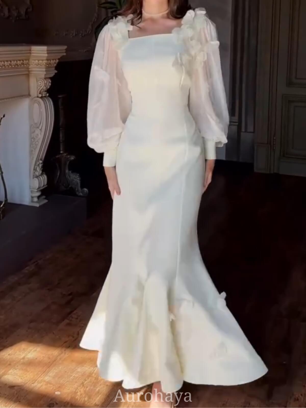 Aurohaya Square Neck Long Sleeve Floral Maxi Dress, DES121 White