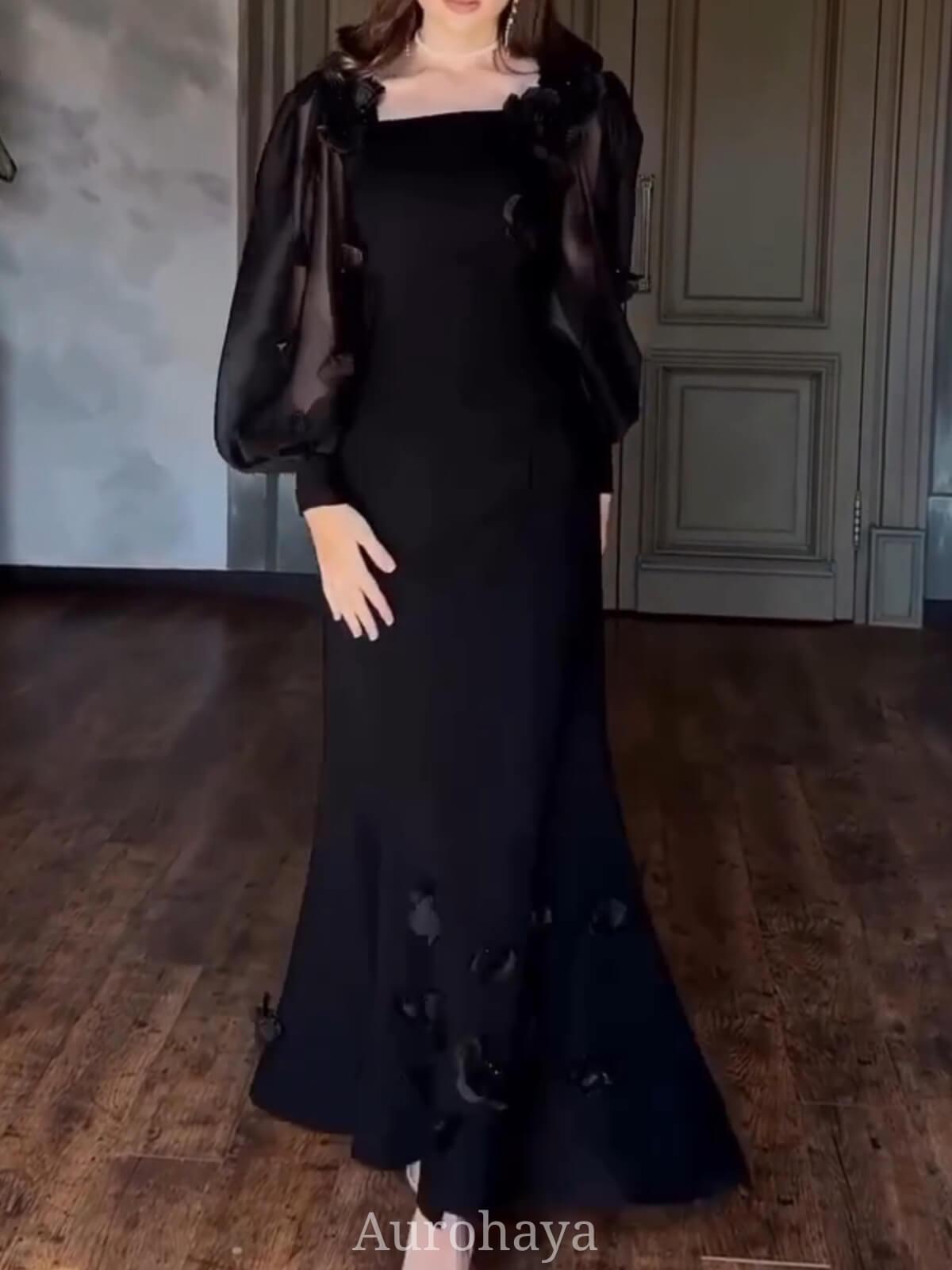 Aurohaya Square Neck Long Sleeve Floral Maxi Dress, DES121 Black
