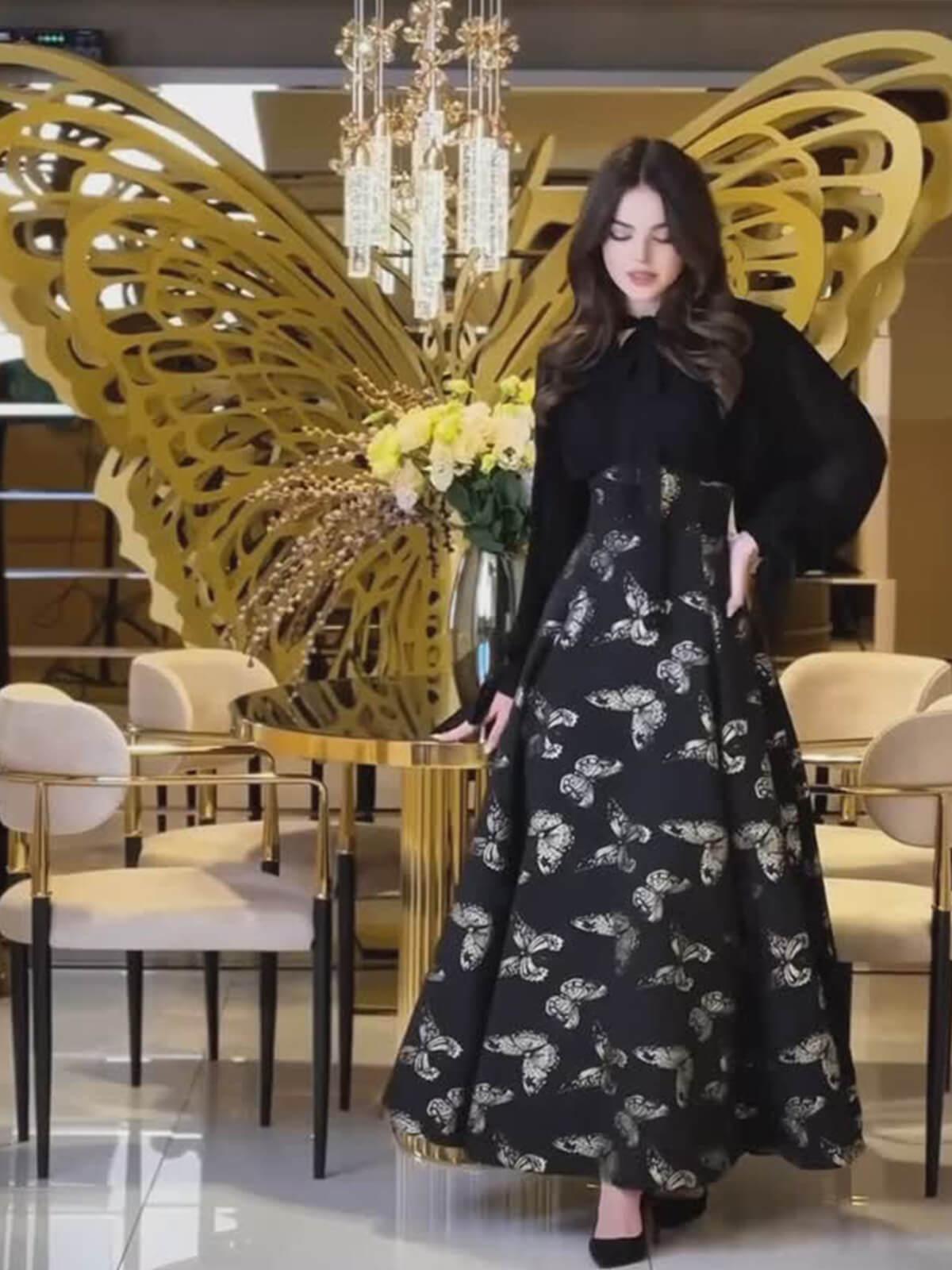 Aurohaya Chiffon Butterfly Pleated Maxi Dress