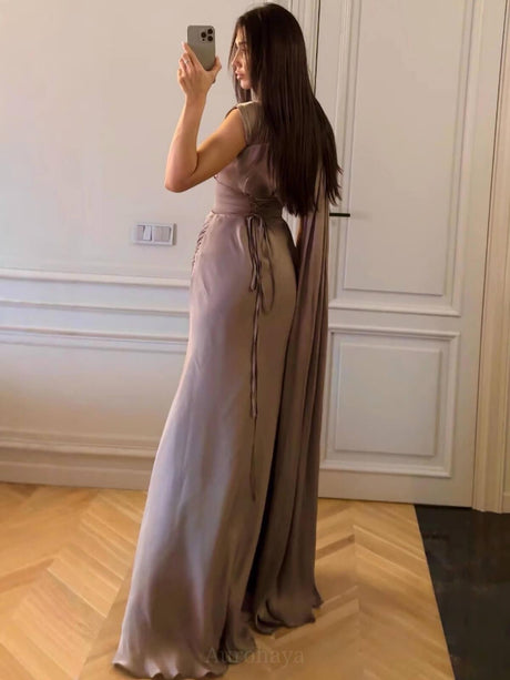 Aurohaya Lavender Asymmetric Ruched Cape Gown Maxi Dress