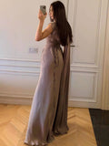 Lavender Asymmetric Ruched Cape Gown Maxi Dress