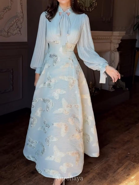 Aurohaya Chiffon Butterfly Pleated Maxi Dress Blue