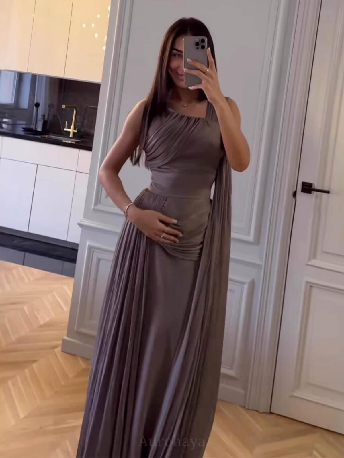 Aurohaya Lavender Asymmetric Ruched Cape Gown Maxi Dress