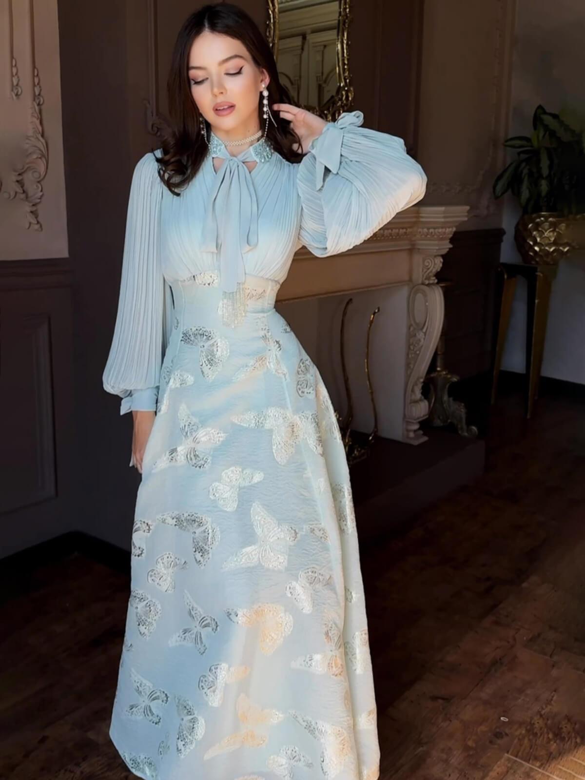 Aurohaya Chiffon Butterfly Pleated Maxi Dress