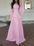 Cinched-Waist Bell‑Sleeve Ruffle Maxi Dress