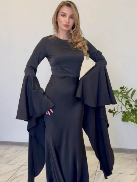 Aurohaya Elegant White Lace-Up Flare Sleeve Maxi Dress Black