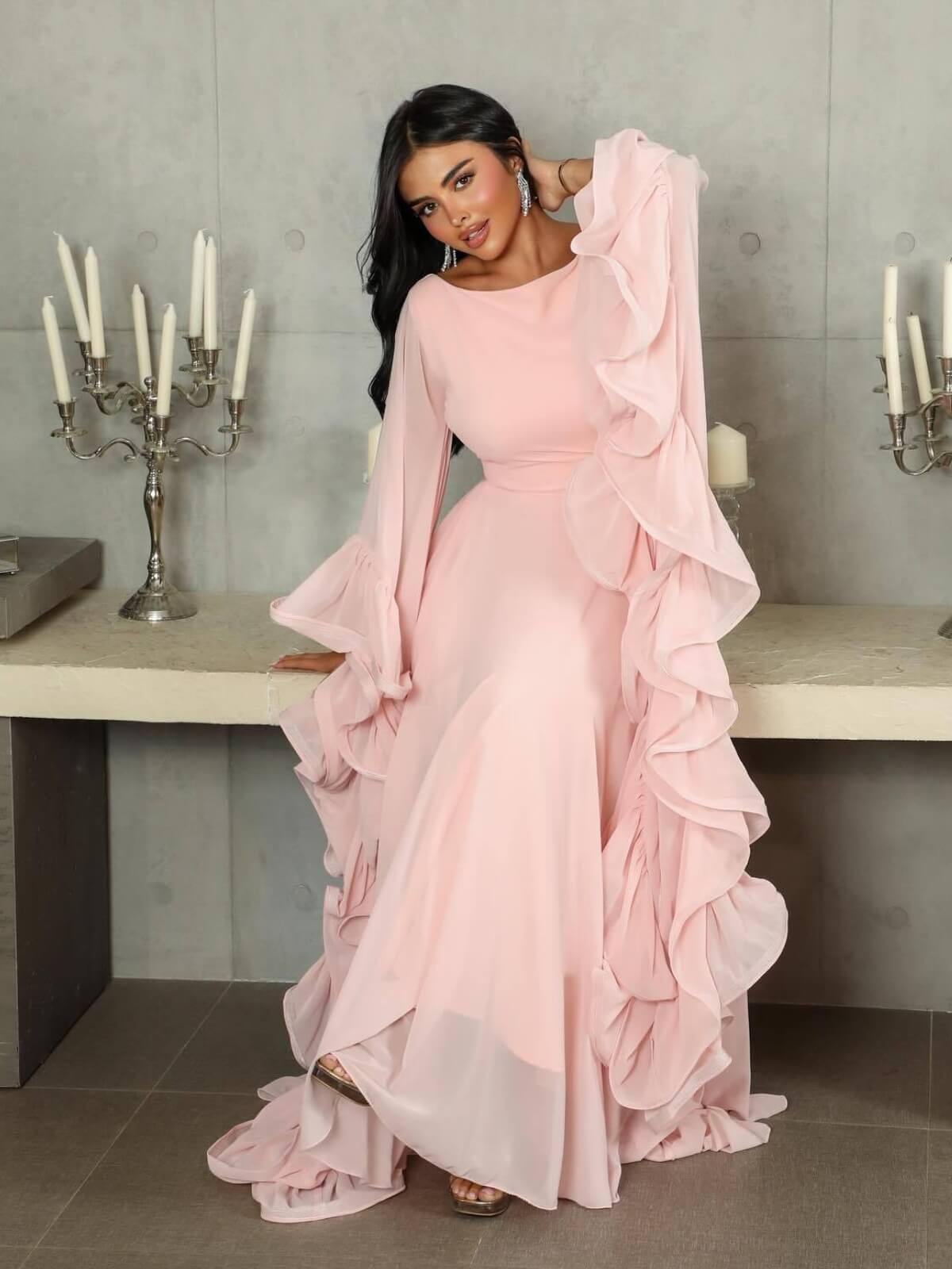 Aurohaya Ruffle Sleeves Pink Mesh Maxi Dress
