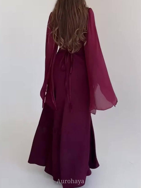 Aurohaya Round Neck Split Long Sleeve Maxi Dress, DES116