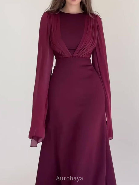 Aurohaya Round Neck Split Long Sleeve Maxi Dress, DES116 Wine
