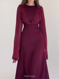 Round Neck Split Long Sleeve Maxi Dress, DES116