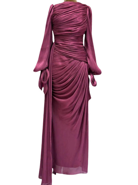 Aurohaya Ruched Lantern Sleeve Maxi Dress Wine