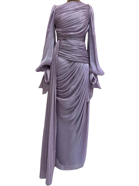 Aurohaya Ruched Lantern Sleeve Maxi Dress Purple