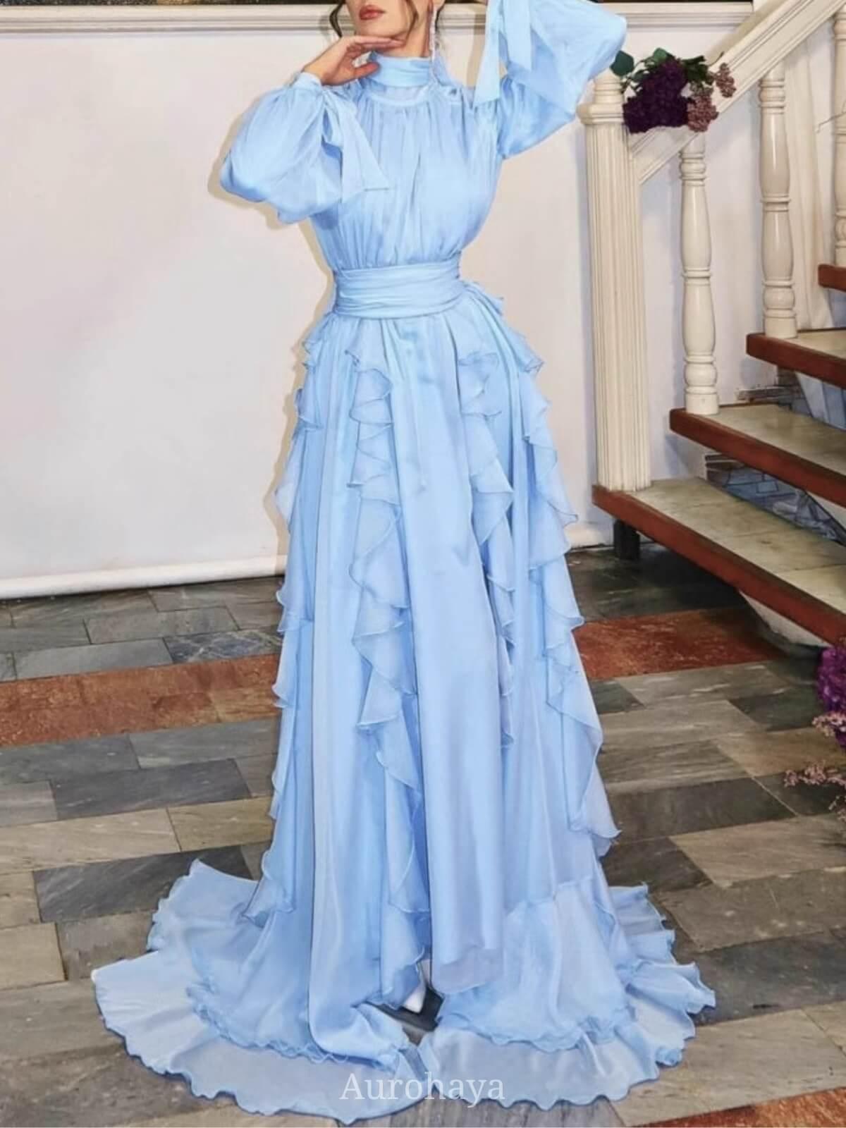 Aurohaya High Collar Lantern Sleeve Ruffle Dress Blue