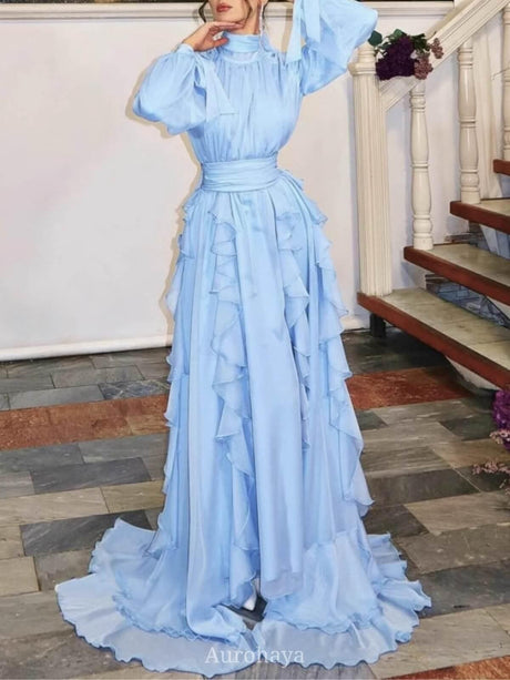 Aurohaya High Collar Lantern Sleeve Ruffle Dress Blue