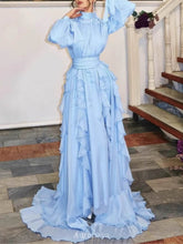 Aurohaya High Collar Lantern Sleeve Ruffle Dress Blue