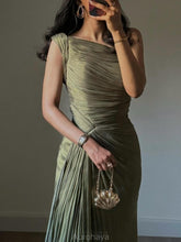 Aurohaya One-Shoulder Satin Wedding Ball Gown Maxi Dress Green