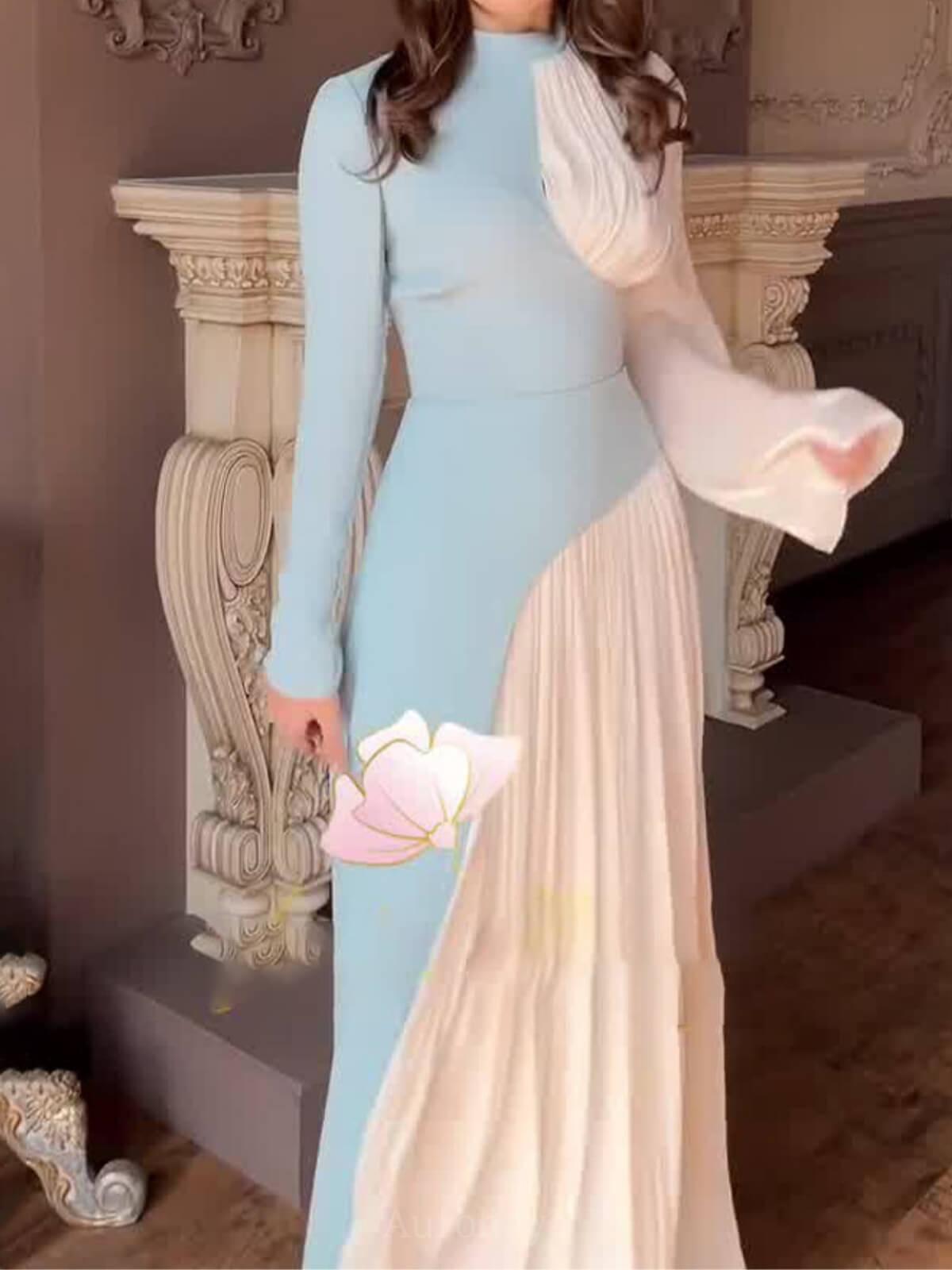 Aurohaya Ladies Round Neck Vintage Dress Blue