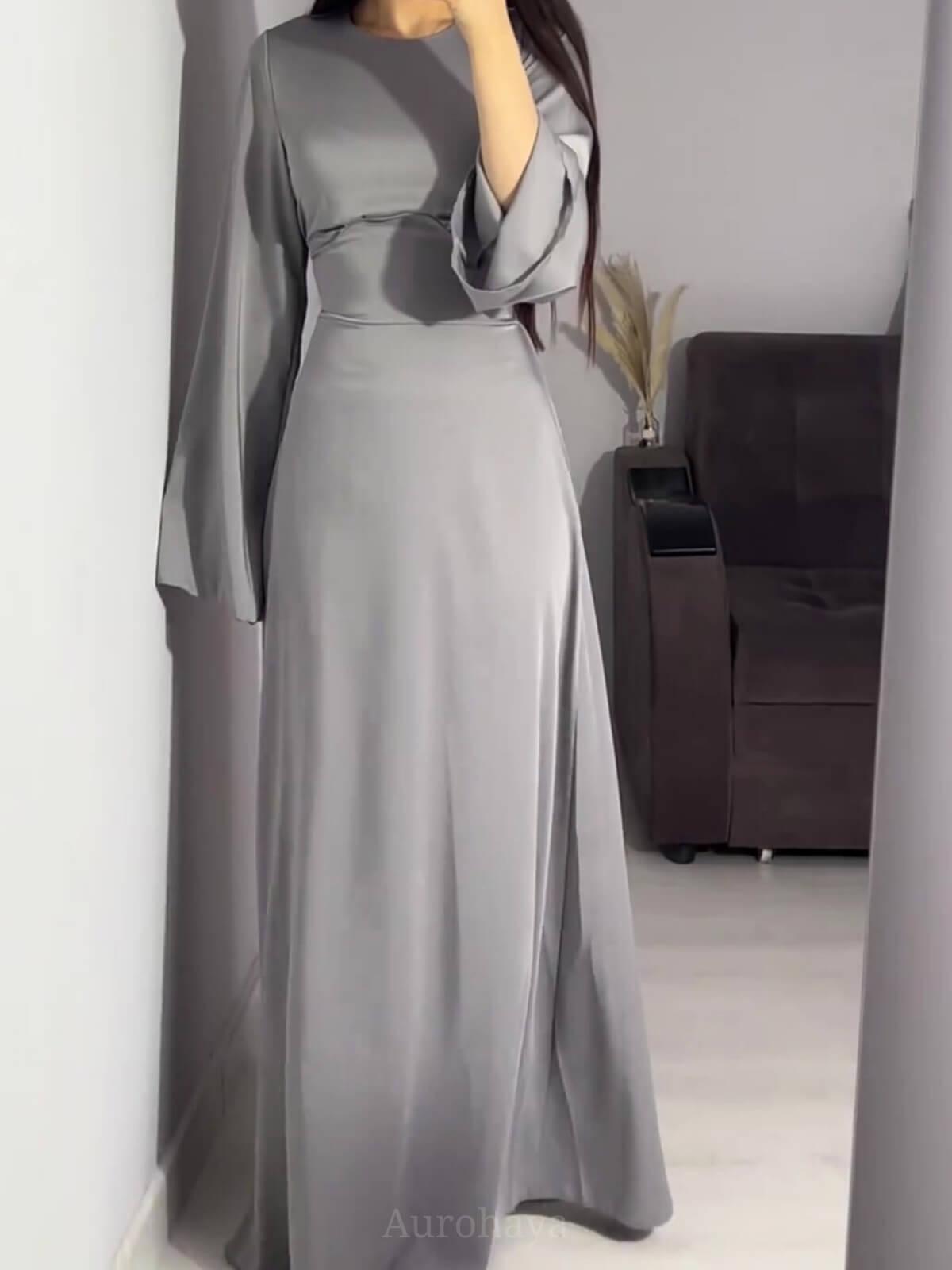 Aurohaya Flared Sleeve Fishtail Dress Gray