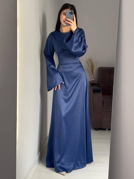 Aurohaya Flared Sleeve Fishtail Dress Blue