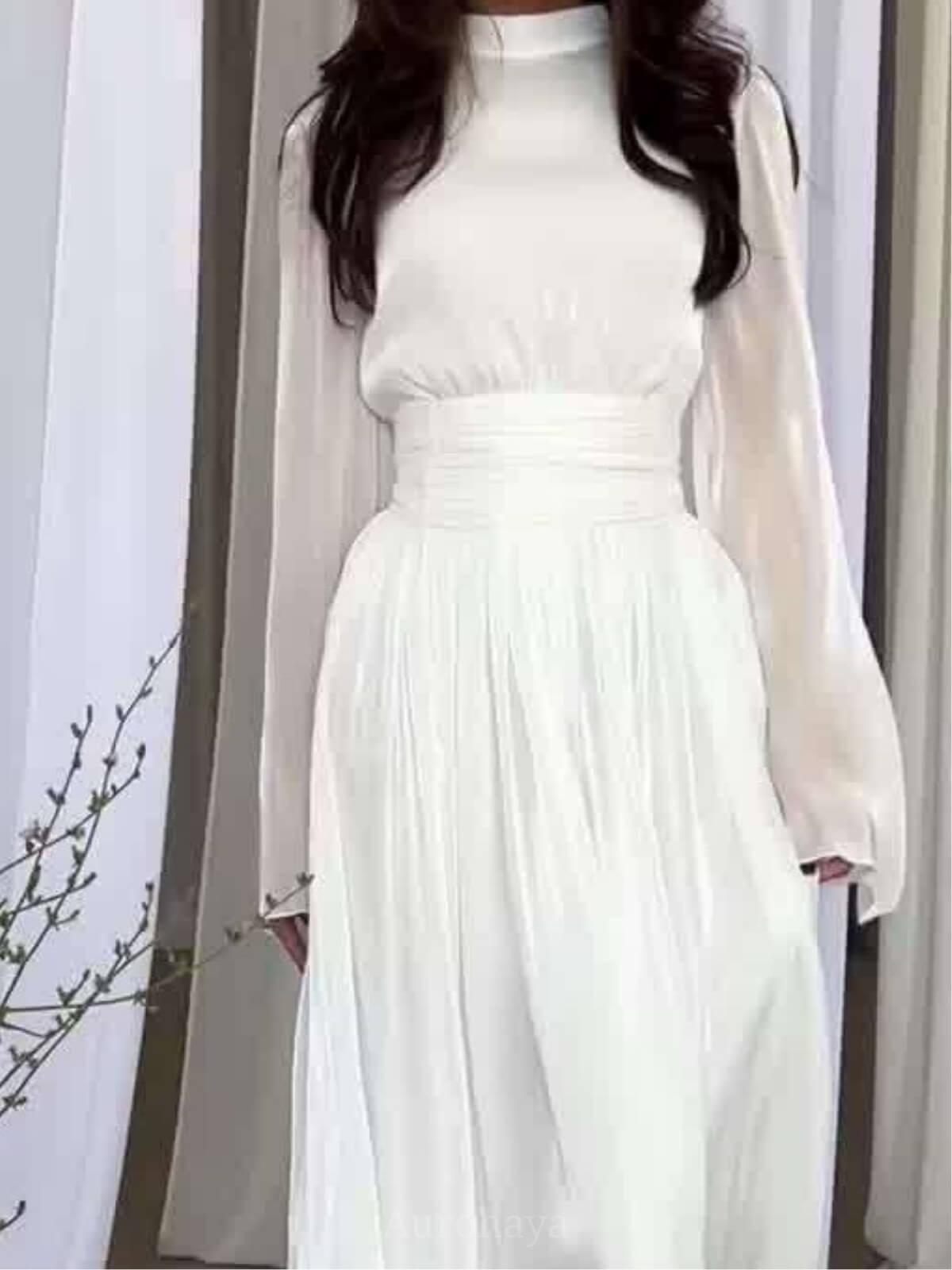 Aurohaya High Waisted French Round Neck Waist Ruffle Dress White