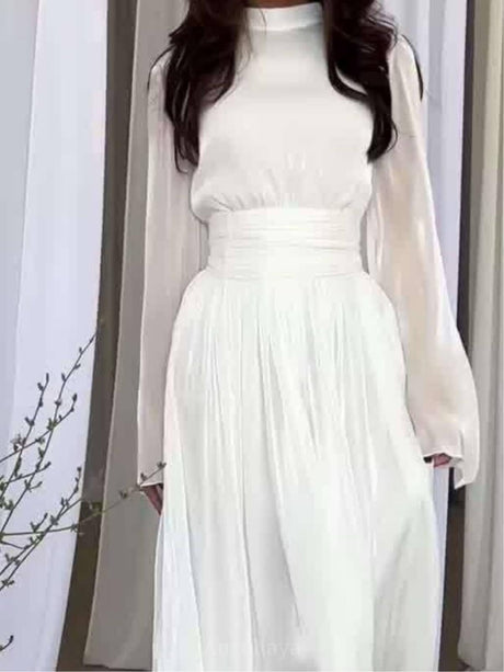 Aurohaya High Waisted French Round Neck Waist Ruffle Dress White