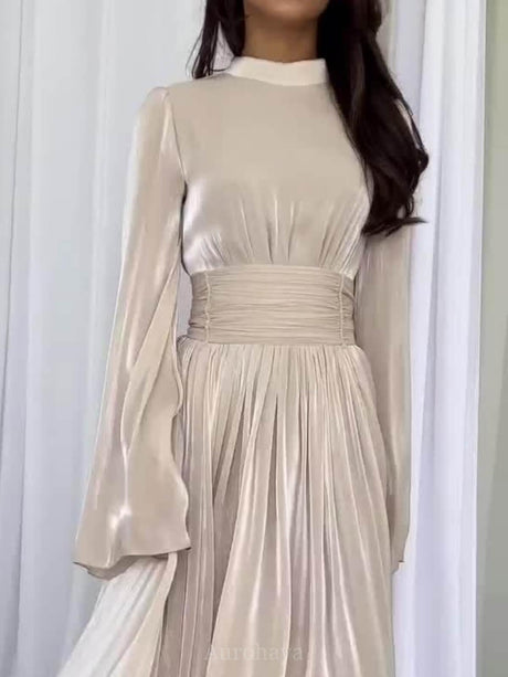 Aurohaya High Waisted French Round Neck Waist Ruffle Dress