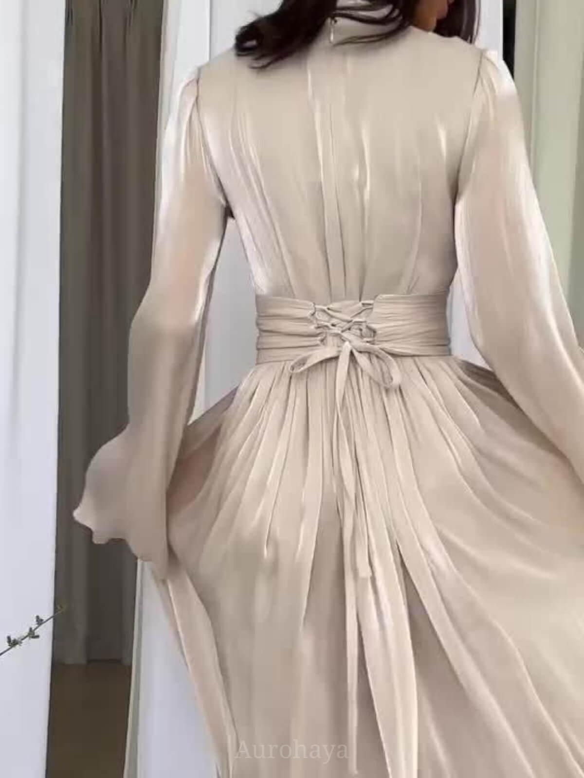 Aurohaya High Waisted French Round Neck Waist Ruffle Dress