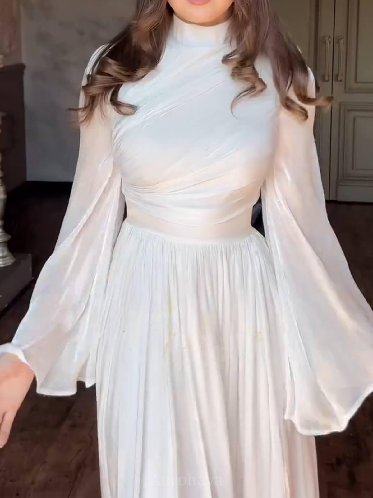 Aurohaya High-Neck Pleated Cinched-Waist Maxi Gown