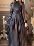 High-Neck Pleated Cinched-Waist Maxi Gown