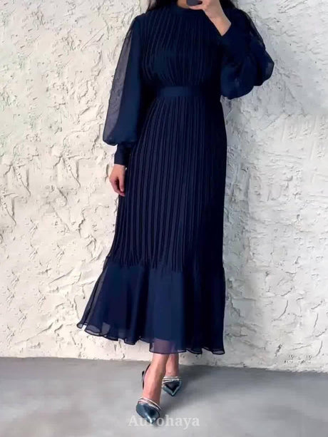 Aurohaya Solid Chiffon Pleated Maxi Dress Dark Blue