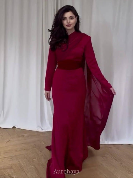 Aurohaya Long-Sleeve Shawl Draped Maxi Dress Red