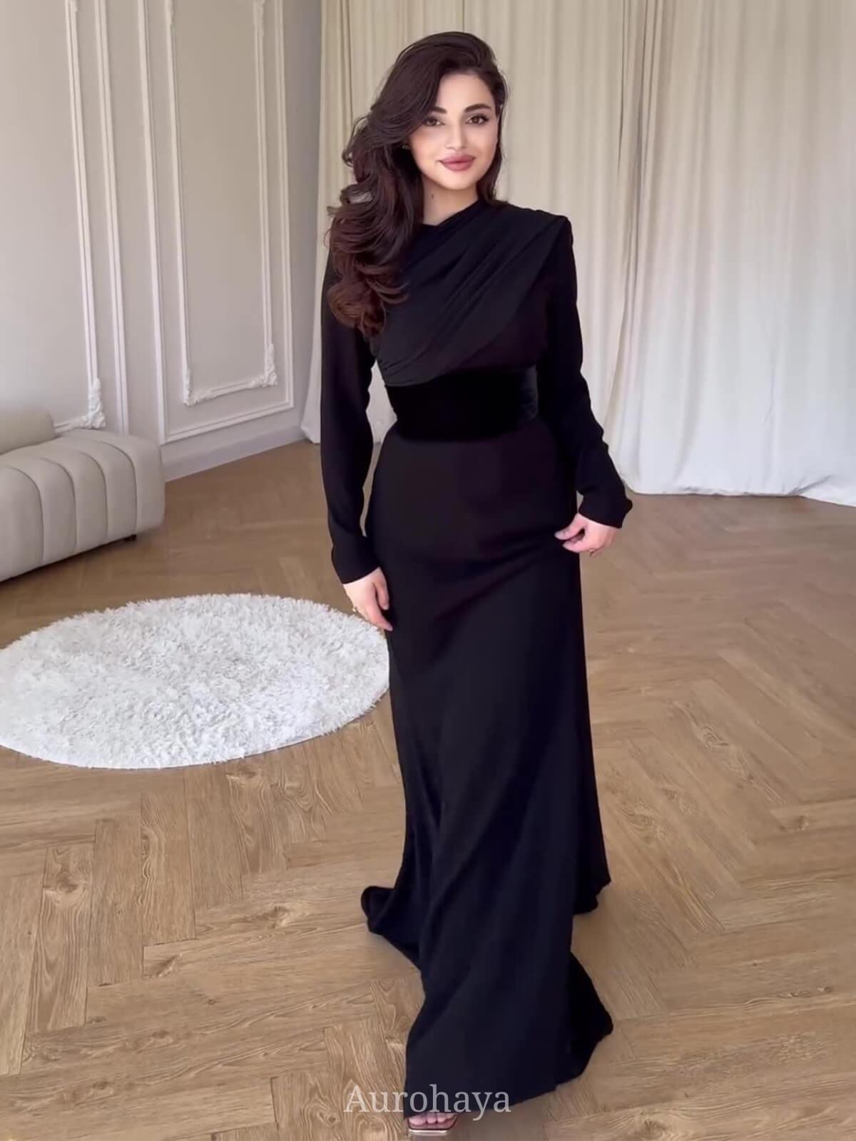 Aurohaya Long-Sleeve Shawl Draped Maxi Dress Black