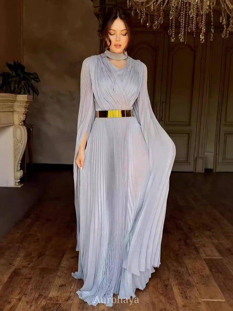 Aurohaya Solid Color Belt Slim Fit Dress Gray