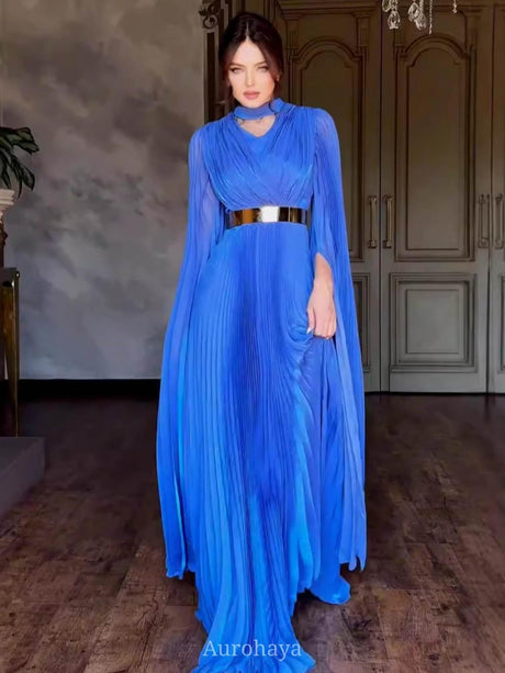 Aurohaya Solid Color Belt Slim Fit Dress Blue