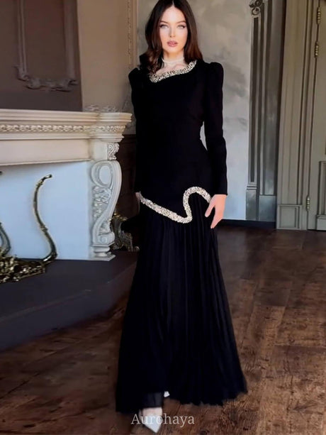 Aurohaya Diamond Trimmed Long Sleeve Maxi Dress, DES038 Black