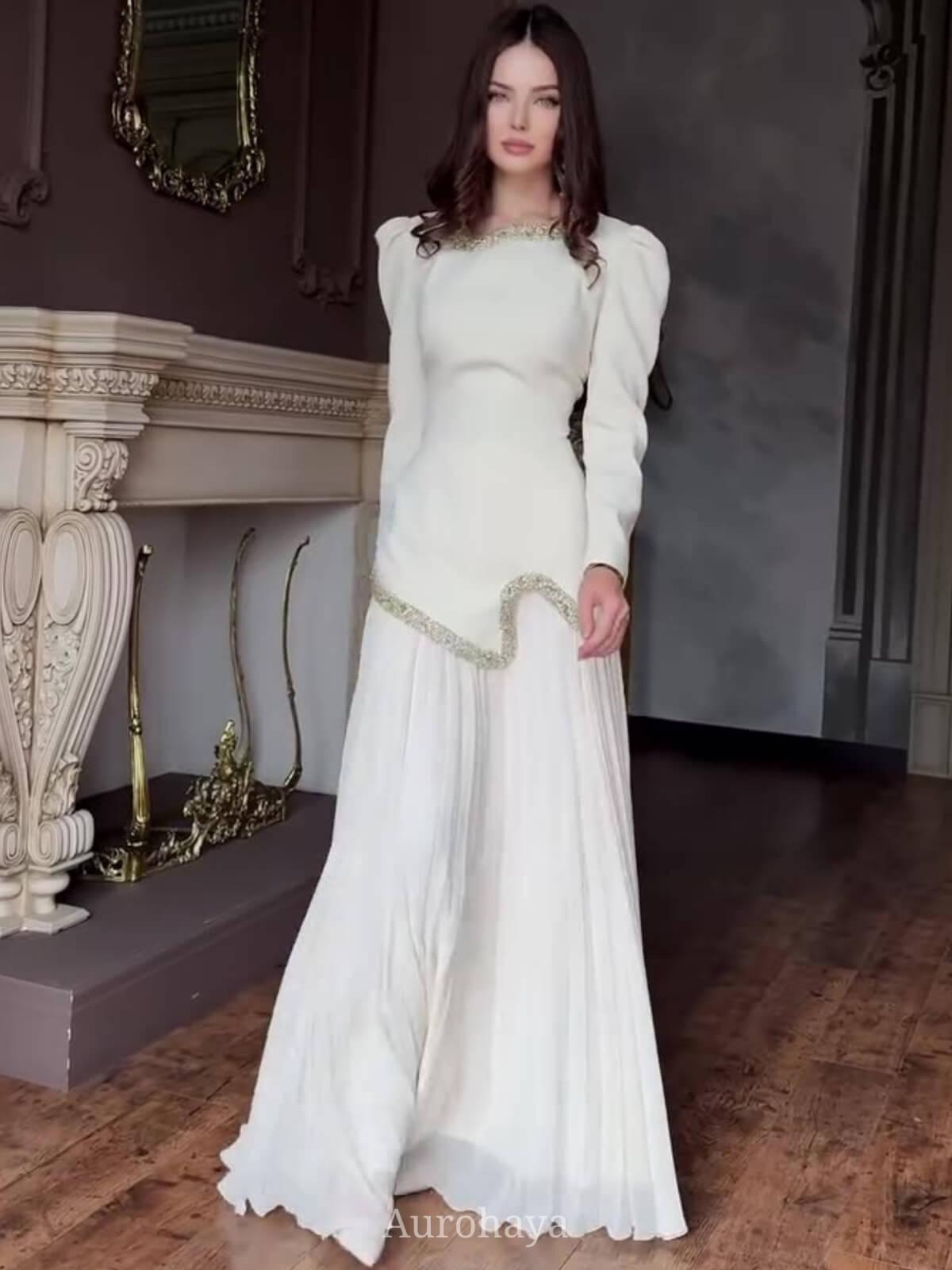 Aurohaya Diamond Trimmed Long Sleeve Maxi Dress, DES038 White