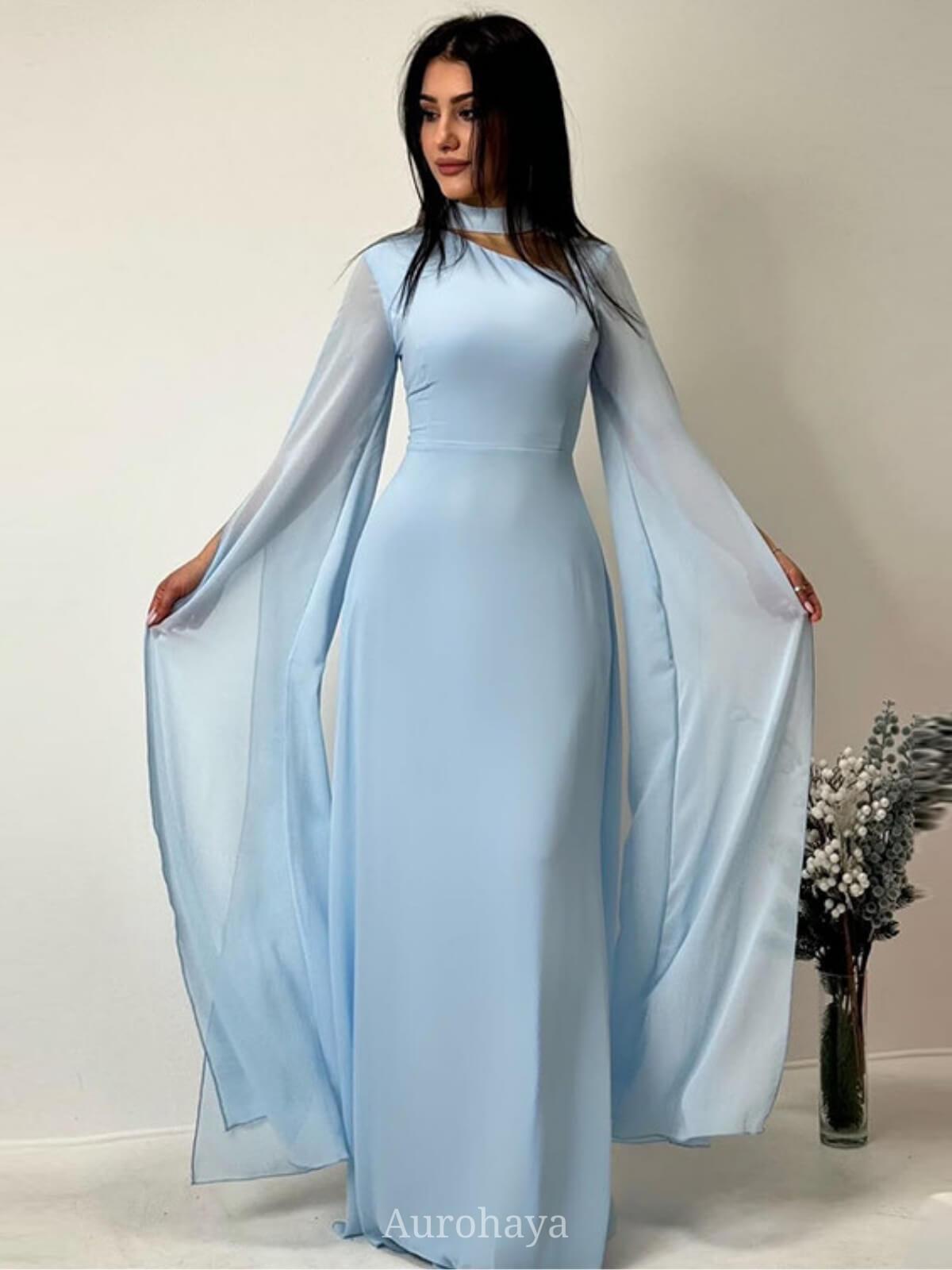 Aurohaya Lace-Up Long Sleeve Mock Neck Maxi Dress Light Blue