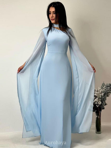 Aurohaya Lace-Up Long Sleeve Mock Neck Maxi Dress Light Blue