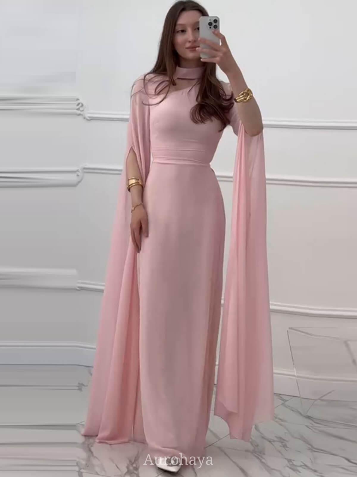 Aurohaya Lace-Up Long Sleeve Mock Neck Maxi Dress Pink