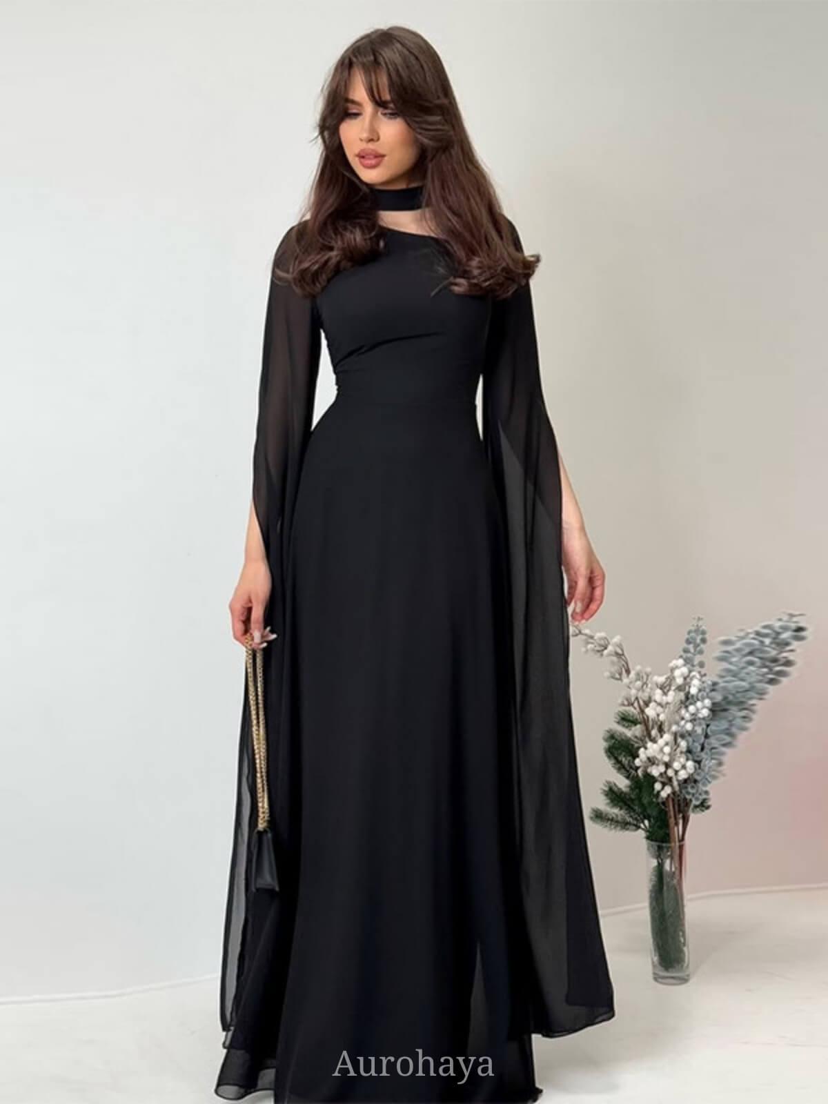 Aurohaya Lace-Up Long Sleeve Mock Neck Maxi Dress Black