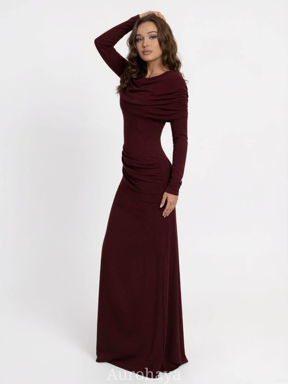 Aurohaya Patchwork Round Neck Ruched Maxi Dress