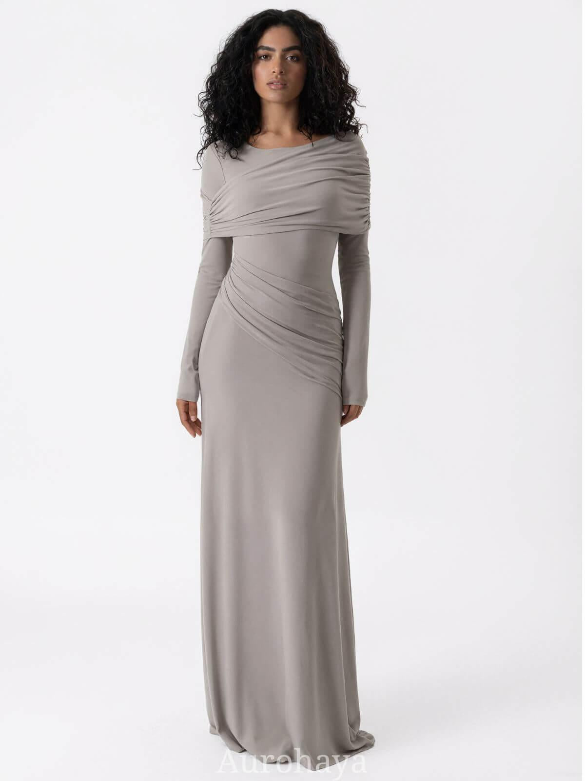 Aurohaya Patchwork Round Neck Ruched Maxi Dress Gray