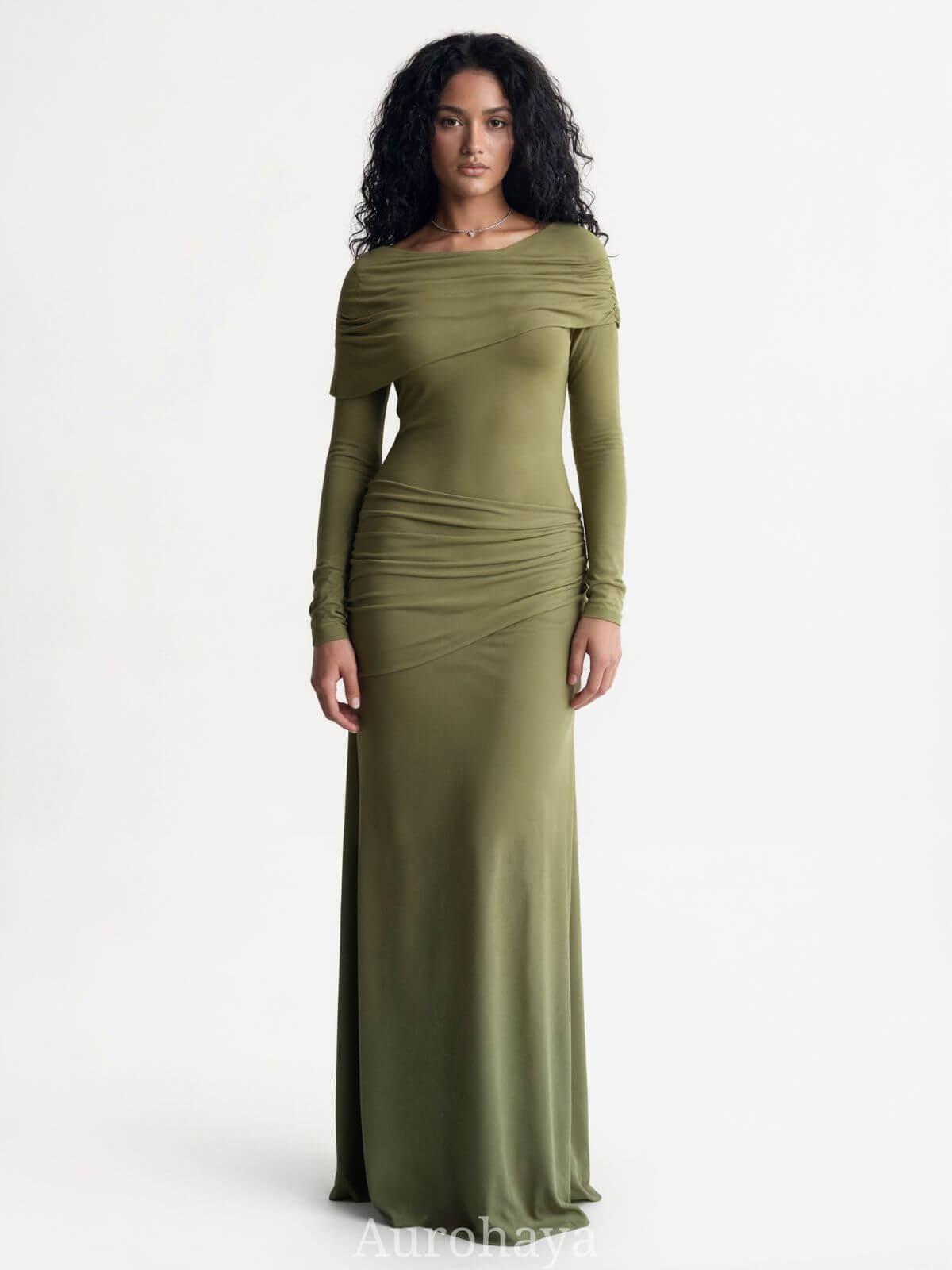 Aurohaya Patchwork Round Neck Ruched Maxi Dress Green