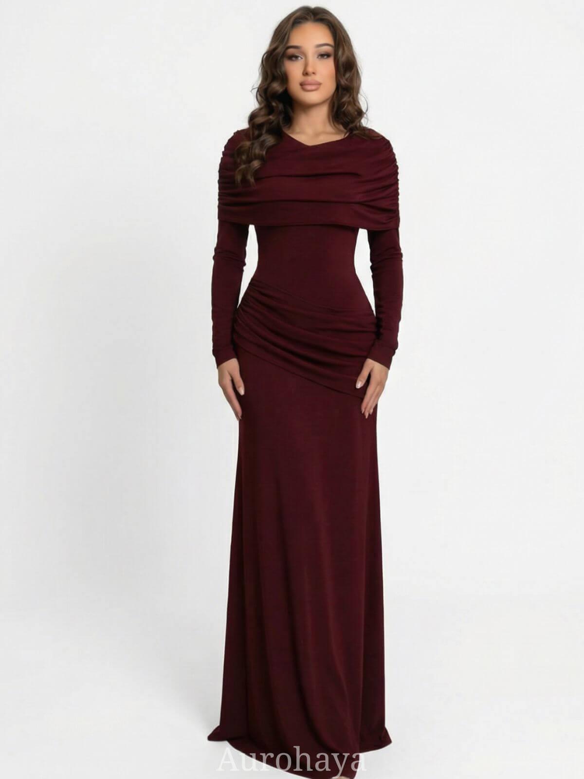 Aurohaya Patchwork Round Neck Ruched Maxi Dress Wine