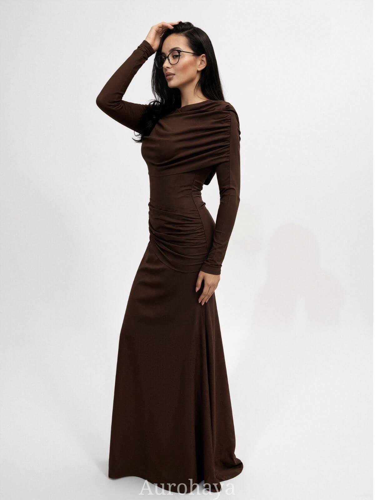 Aurohaya Patchwork Round Neck Ruched Maxi Dress